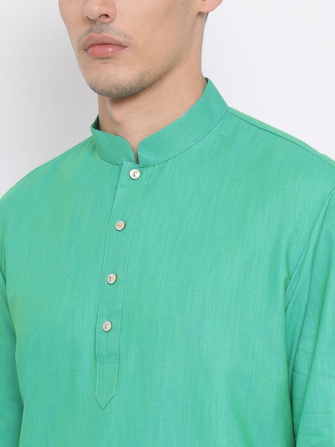 Vastramay Men's Green Cotton Blend Kurta and White Dhoti Set